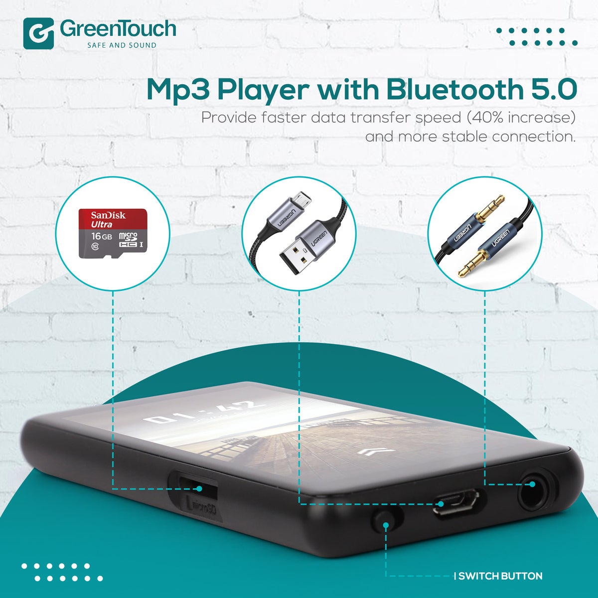 Kosher MP3 Player Greentouch Plus 2 - Black 8GB WITH Micro SD Card Slot