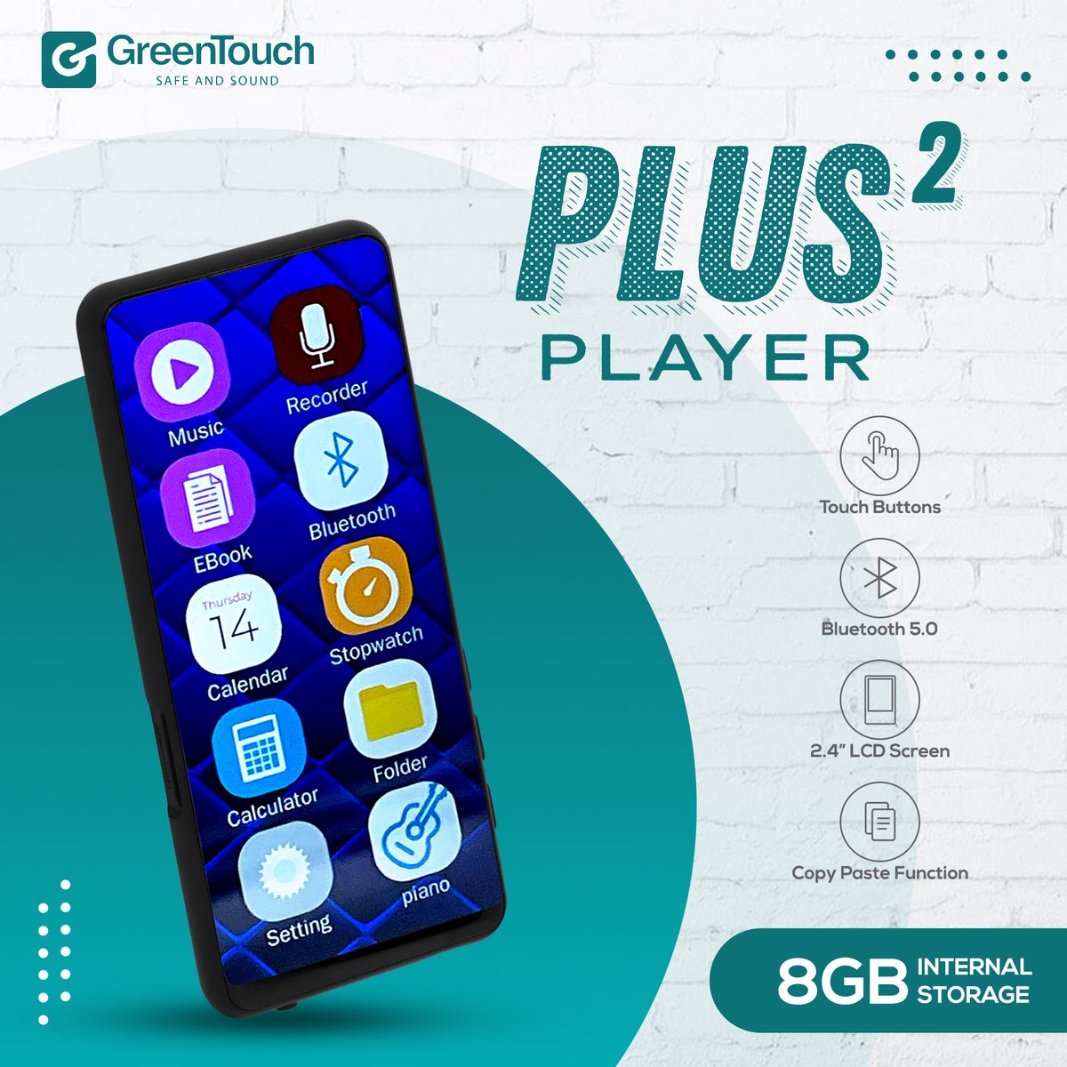 Kosher MP3 Player Greentouch Plus 2 - Black 8GB WITH Micro SD Card Slot - Planet Cell