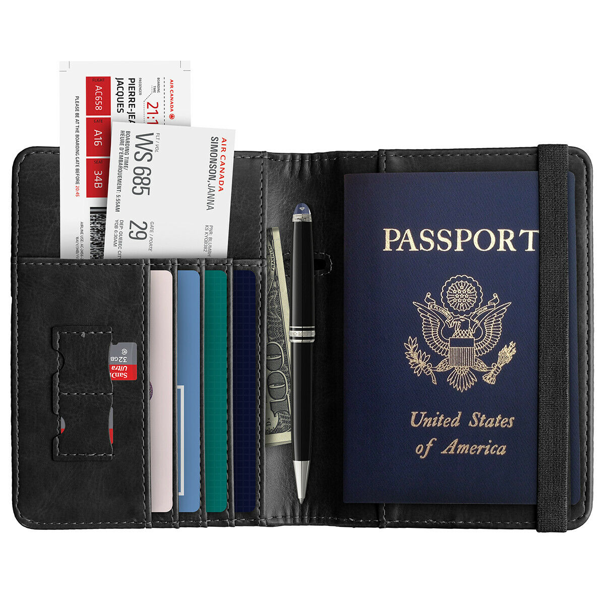Slim Leather Travel Passport Wallet Holder with sim & sd Slots Black - Planet Cell